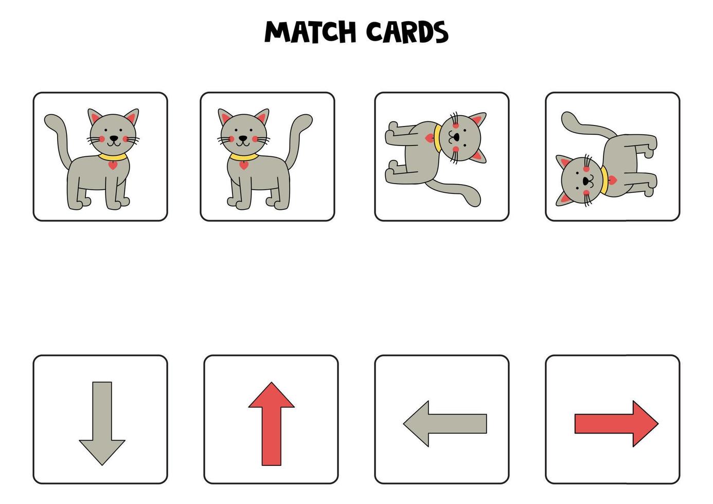 vänster, höger, upp eller ner. rumslig orientering med söt grå kattunge. vektor