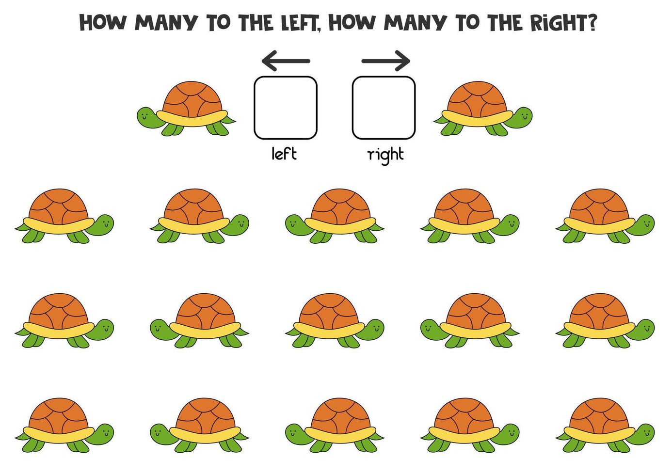 vänster eller höger med söt sköldpadda. logiskt arbetsblad för förskolebarn. vektor