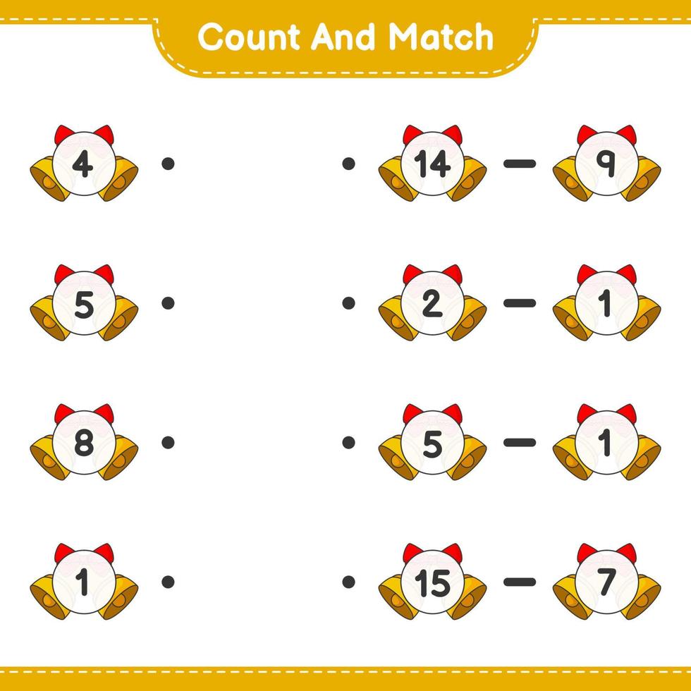 räkna och matcha, räkna antalet julklockor och matcha med rätt siffror. pedagogiskt barnspel, utskrivbart kalkylblad, vektorillustration vektor