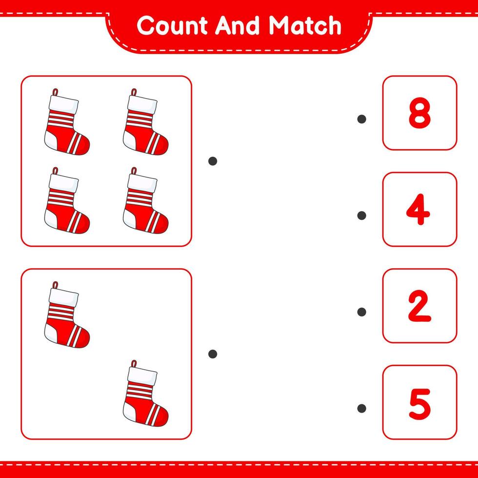 Zähle und kombiniere, zähle die Anzahl der Weihnachtssocken und kombiniere sie mit den richtigen Zahlen. pädagogisches kinderspiel, druckbares arbeitsblatt, vektorillustration vektor
