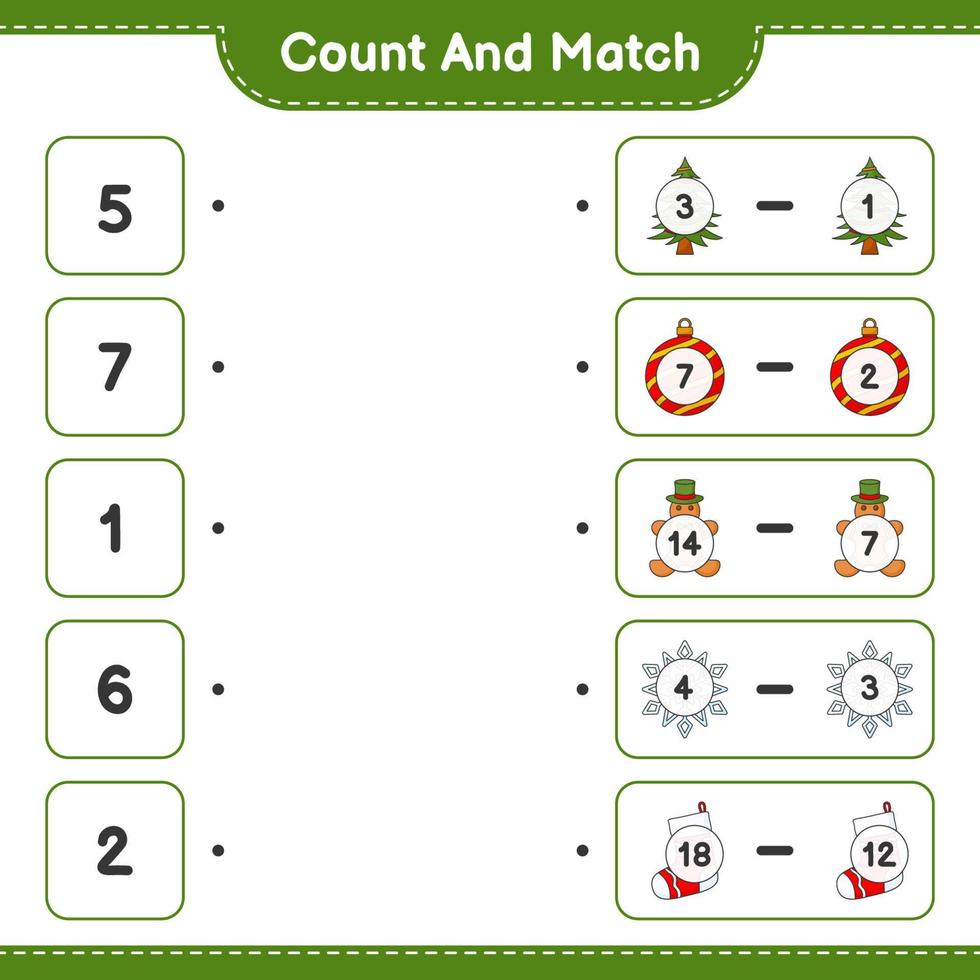Zähle und kombiniere, zähle die Anzahl von Lebkuchenmann, Baum, Socke, Weihnachtskugel, Schneeflocke und kombiniere mit den richtigen Zahlen. pädagogisches kinderspiel, druckbares arbeitsblatt, vektorillustration vektor