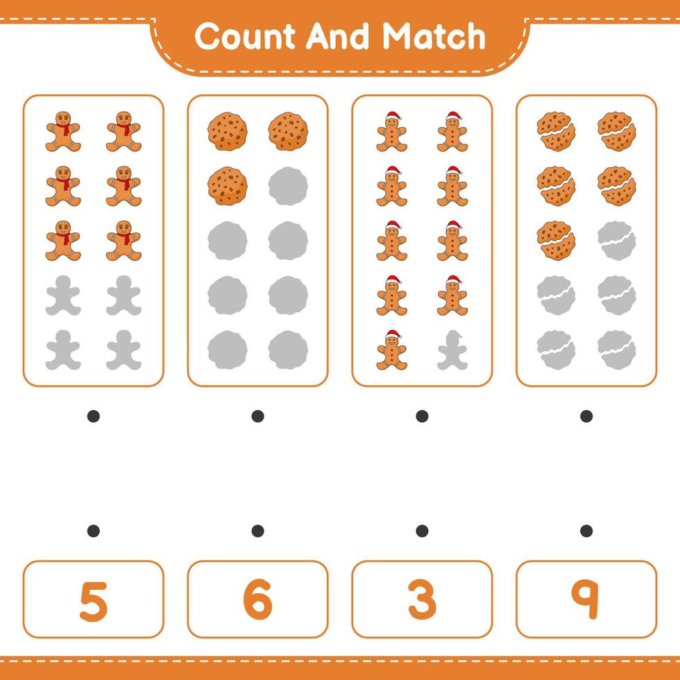 räkna och matcha, räkna antalet kakor, pepparkaksgubbe och matcha med rätt siffror. pedagogiskt barnspel, utskrivbart kalkylblad, vektorillustration vektor