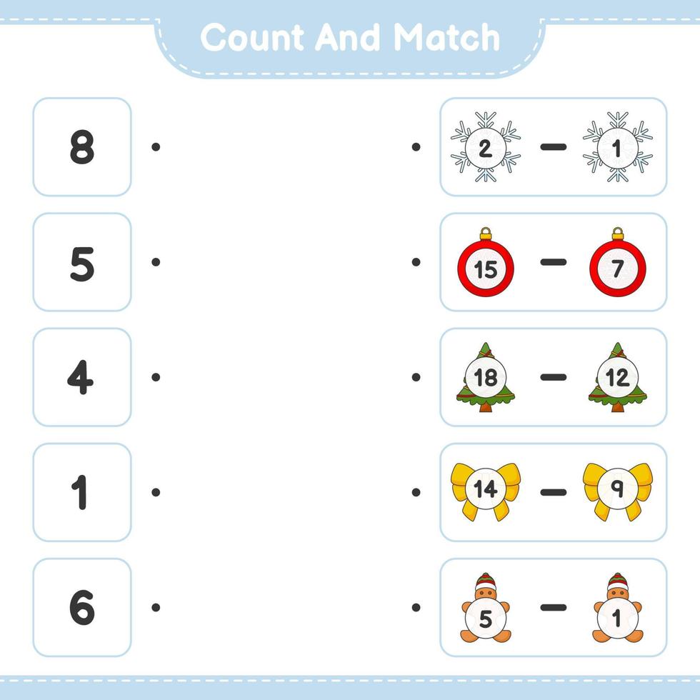 Zähle und kombiniere, zähle die Anzahl der Schneeflocken, Bänder, Bäume, Weihnachtskugeln, Lebkuchenmänner und kombiniere sie mit den richtigen Zahlen. pädagogisches kinderspiel, druckbares arbeitsblatt, vektorillustration vektor