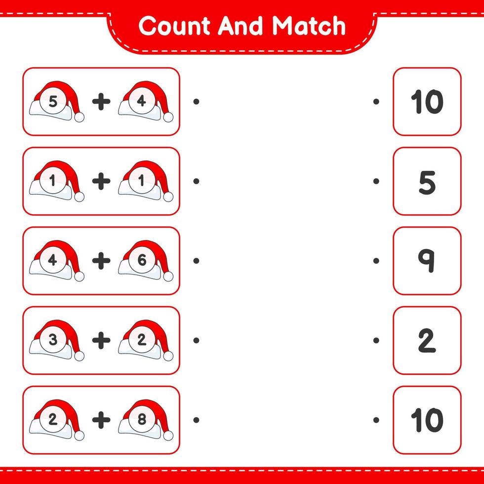 räkna och matcha, räkna antalet tomteluvor och matcha med rätt siffror. pedagogiskt barnspel, utskrivbart kalkylblad, vektorillustration vektor