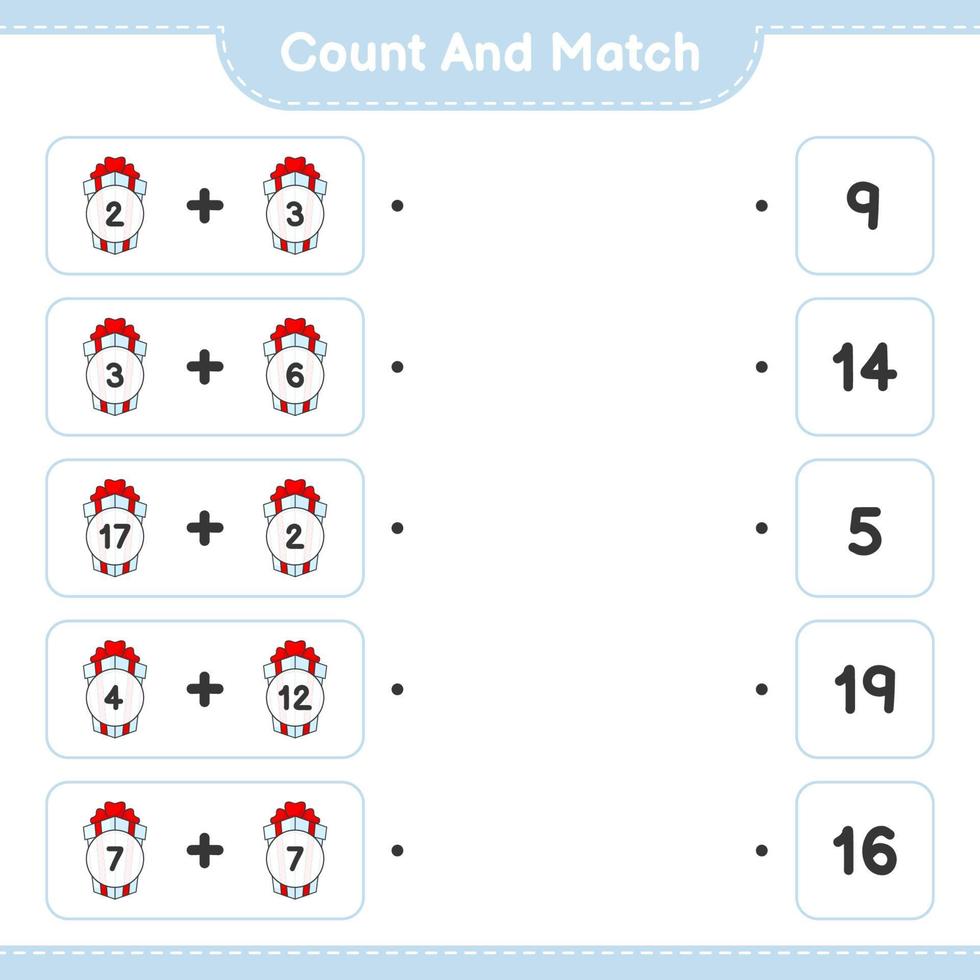 räkna och matcha, räkna antalet presentförpackningar och matcha med rätt siffror. pedagogiskt barnspel, utskrivbart kalkylblad, vektorillustration vektor