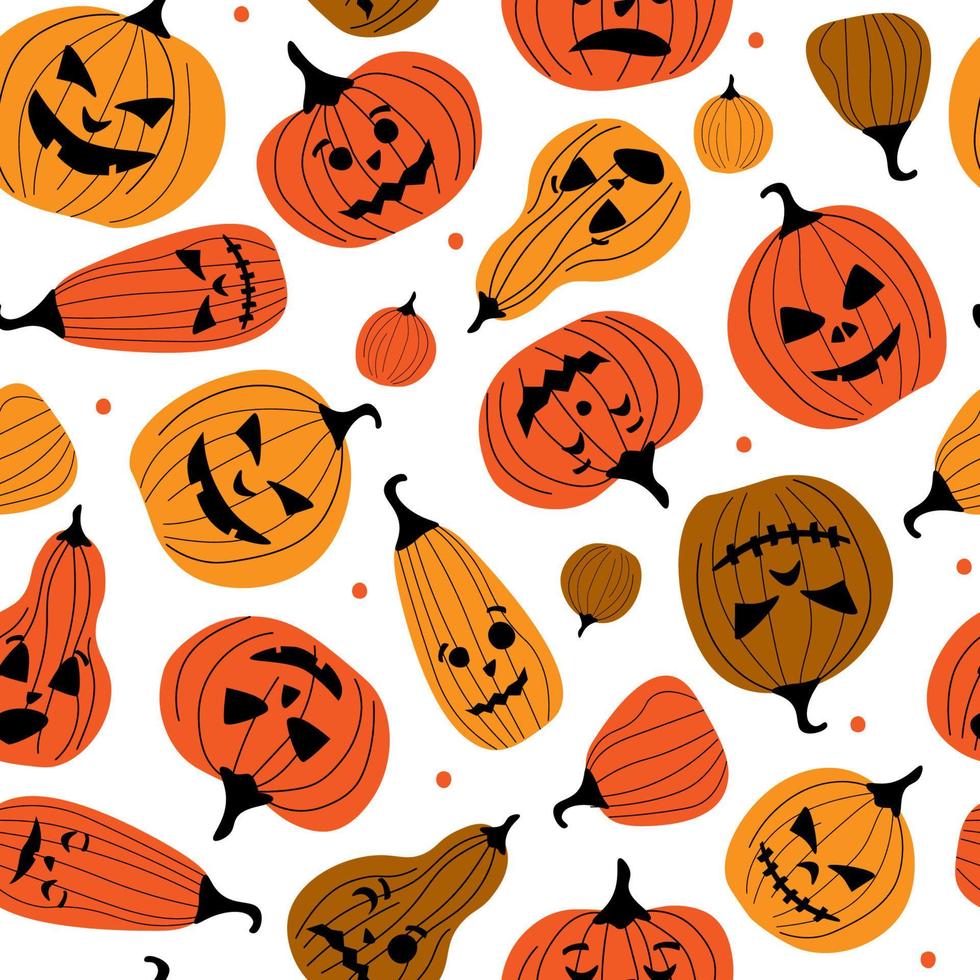 Nahtloses Muster für den Herbst-Halloween-Urlaub. Kürbisse mit geschnitzten Augen, Münder mit unterschiedlichen Emotionen. Vektorgrafiken. vektor