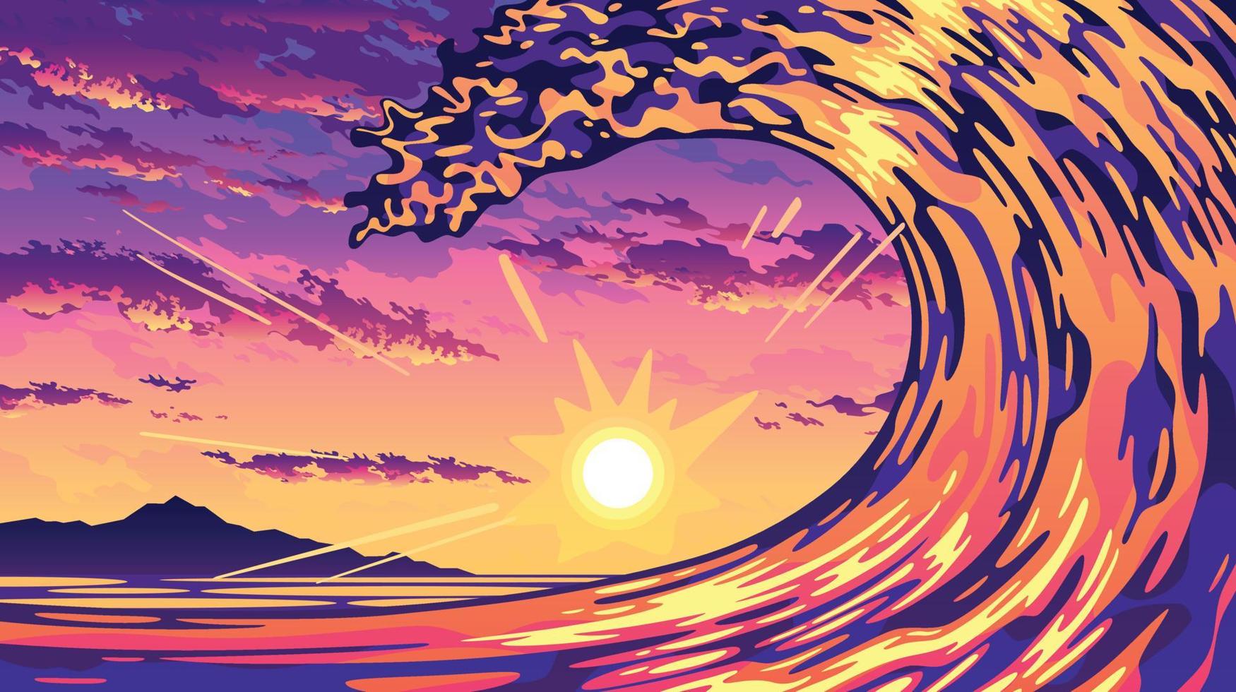 solnedgång havet vågor landskap illustration vektor