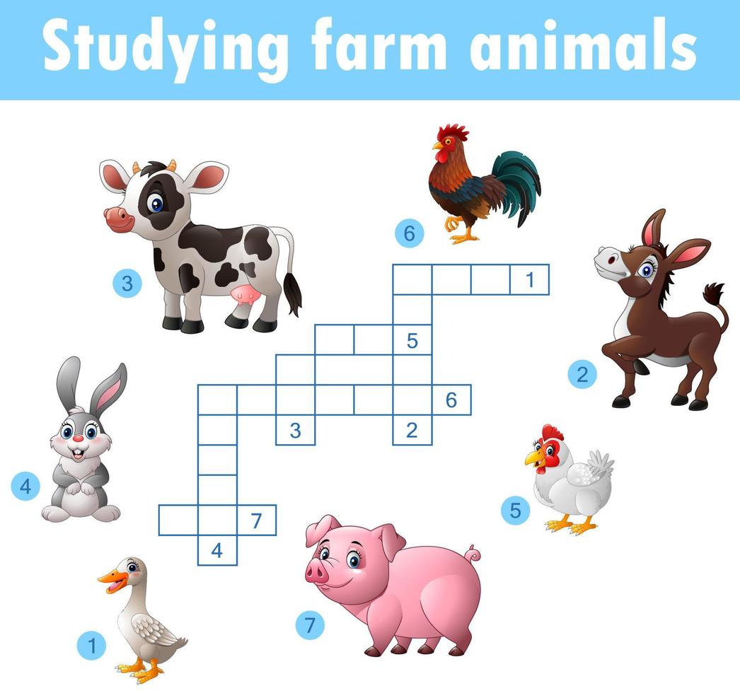 Karte mit Kreuzworträtsel, Lernspiel für Kinder über Nutztiere vektor