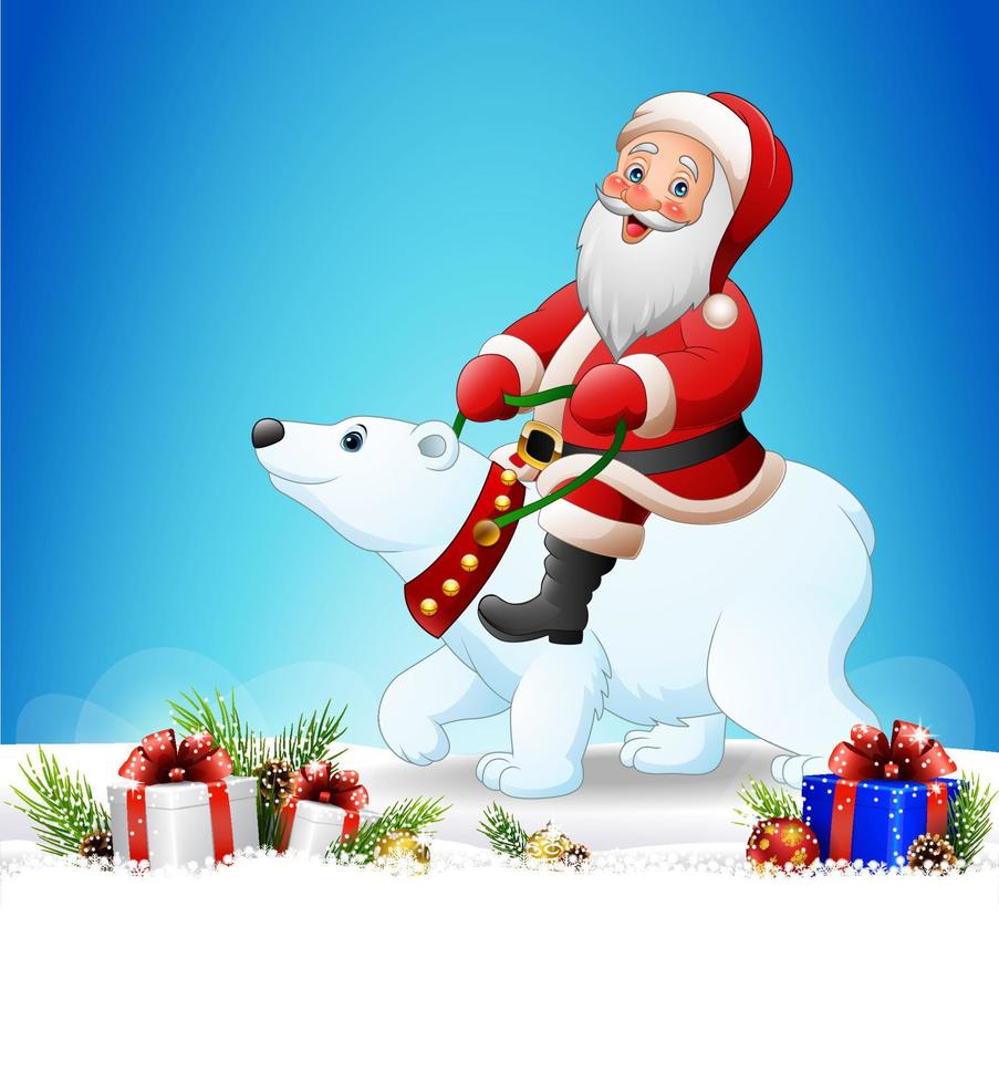 jul bakgrund med jultomten rider isbjörn vektor