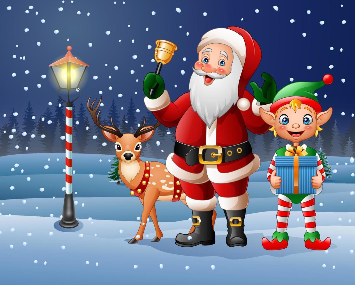 jul bakgrund med jultomten, rådjur och tomte vektor