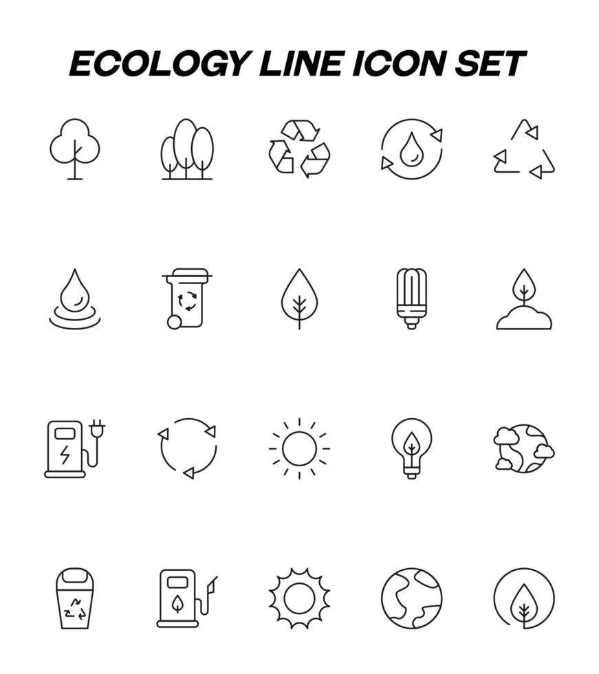 ekologi, natur, miljövänligt koncept. kontursymboler ritade med tunn linje. vektor linje ikonuppsättning träd, återvinning, släpp, skog, sopor, sol, solenergi, planet