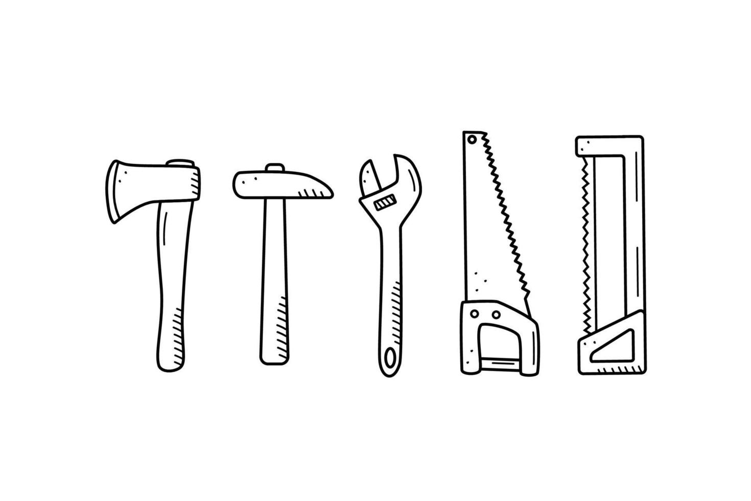yxa hammare såg skiftnyckel, doodle ikoner av trädgård eller konstruktion handverktyg. vektor illustration