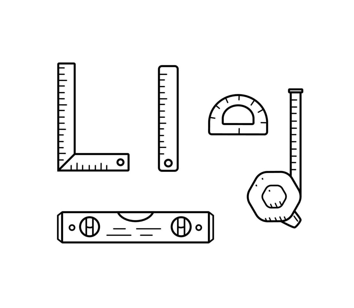 Konstruktionsebene, Lineal, Roulette-Zentimeter. Doodle-Set von Messwerkzeugen, Vektorillustration vektor