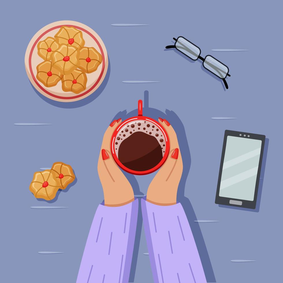 Flatlay-Hintergrund, weibliche Hände, die eine Tasse heiße Schokolade, Kekse, Gläser und ein Smartphone halten. Vektor-Illustration vektor