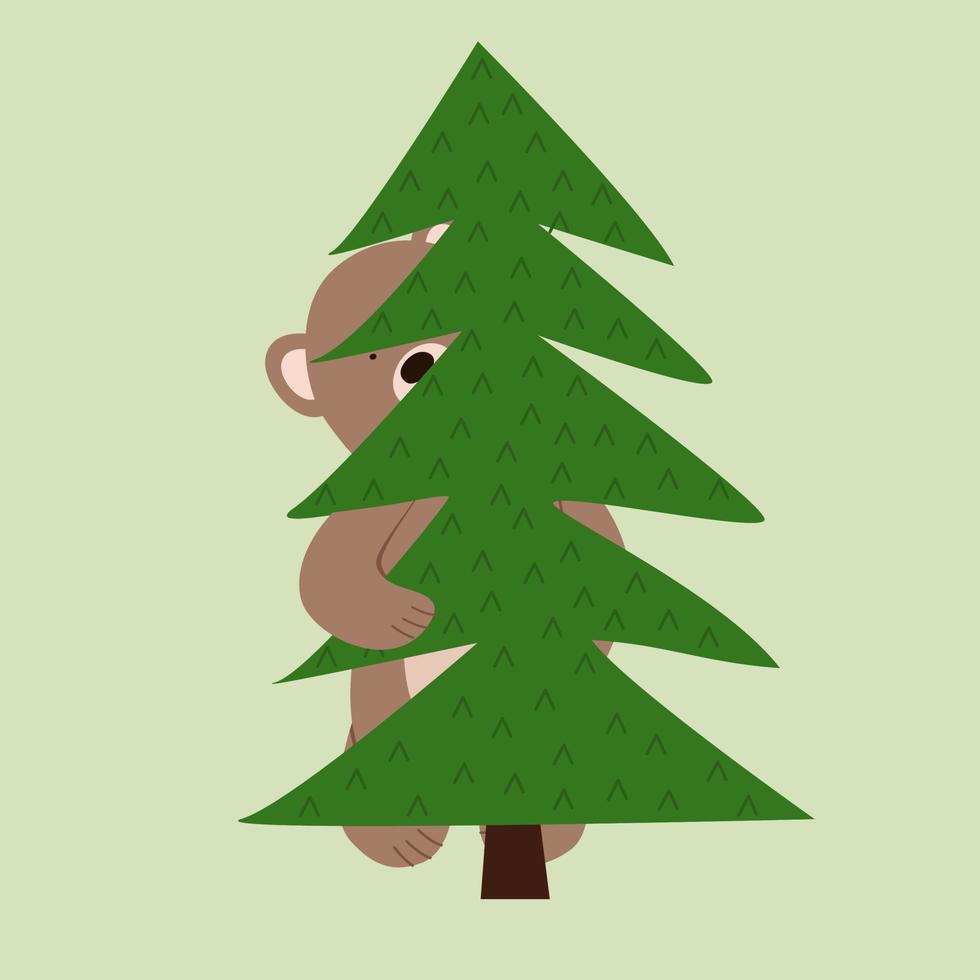 lustiges kleines Bärenjunges, das sich versteckt, späht hinter dem Baum hervor. vektor