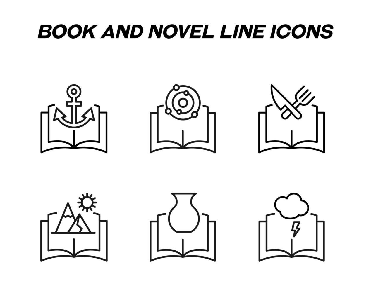 bok, läsning, utbildning och roman koncept. vektor tecken i platt stil. uppsättning linjeikoner av ankare, satelliter, banor, kniv, gaffel, berg, vas, blixtar över böcker