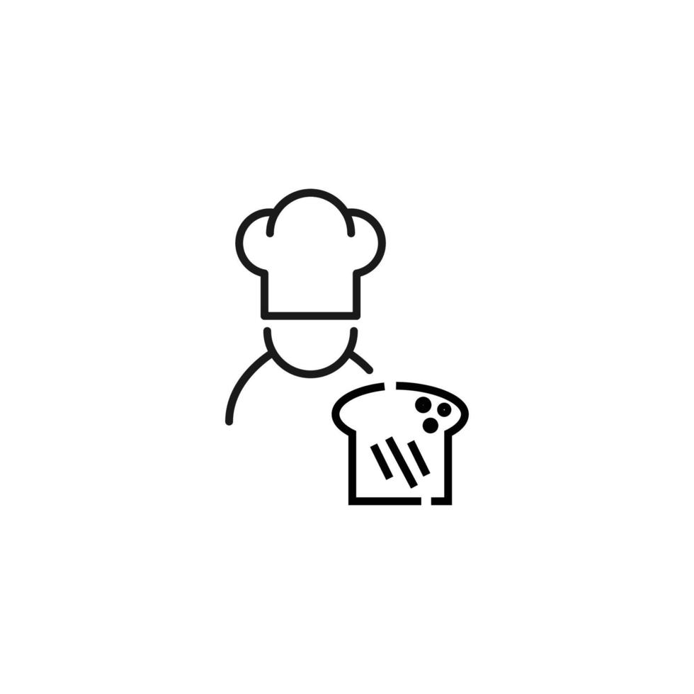kochen, essen und küchenkonzept. Sammlung moderner monochromer Ikonen im flachen Stil. Liniensymbol des Kochs oder Kochers in Kochmütze durch Brot vektor