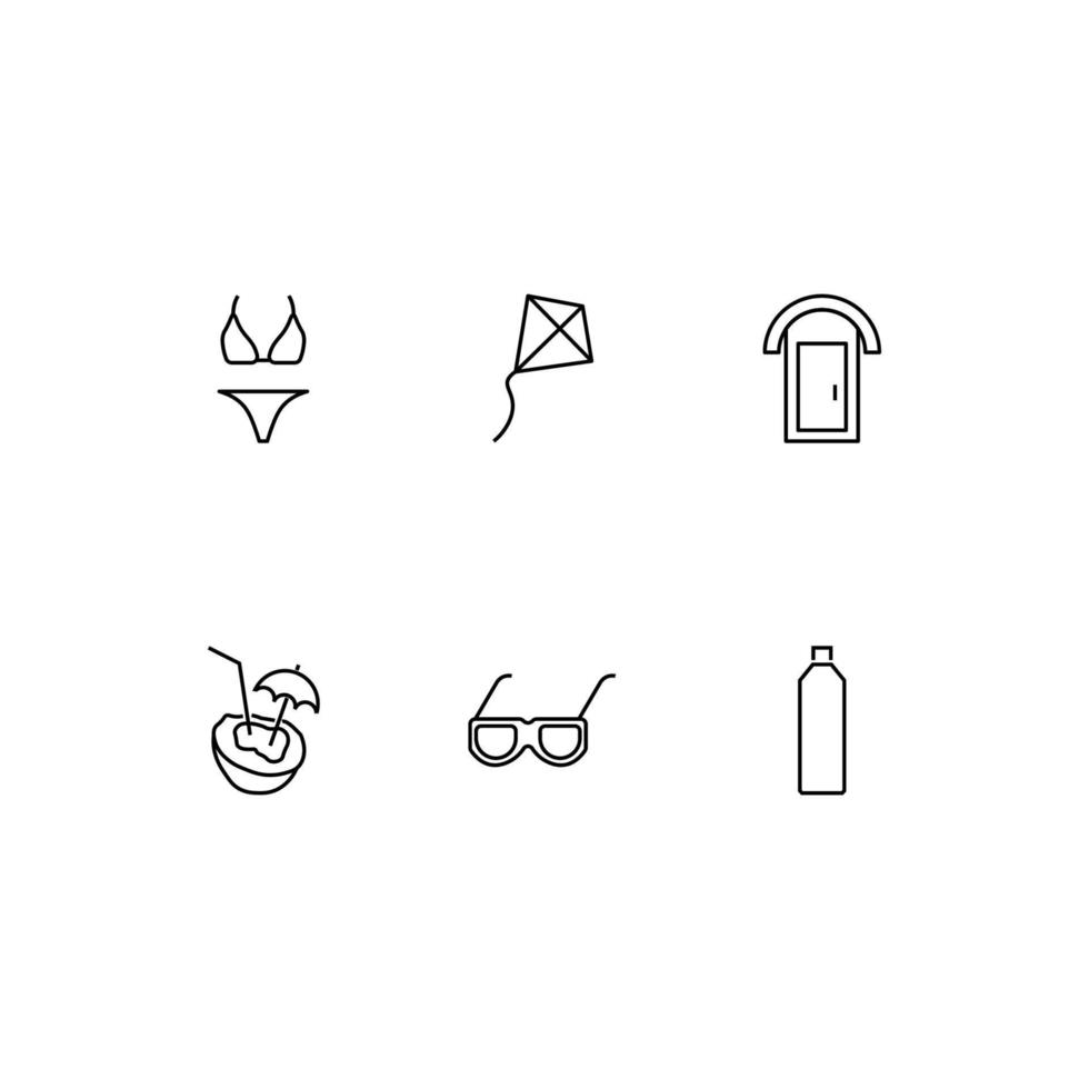 Umrisssymbol im modernen flachen Stil, geeignet für Werbung, Bücher, Geschäfte. Liniensymbol mit Symbolen für Bikini, Drachen, Straßentoilette, Kokosnuss, Sonnenbrille, Flasche vektor