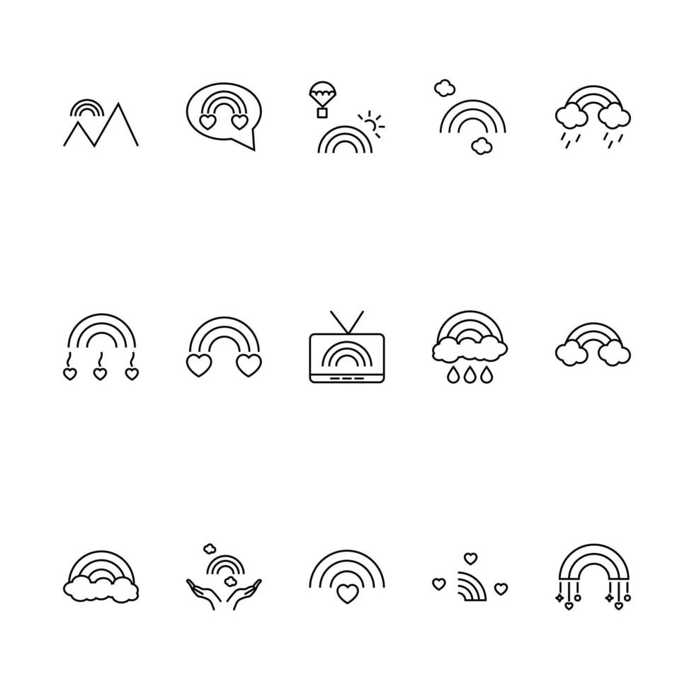 Vektorzeichen im modernen flachen Stil. geeignet für webseiten, internetshops, geschäfte, werbung, schilder. Liniensymbol mit Symbolen für Berge, Ballon, Regen, Wolken usw. neben Regenbogen vektor