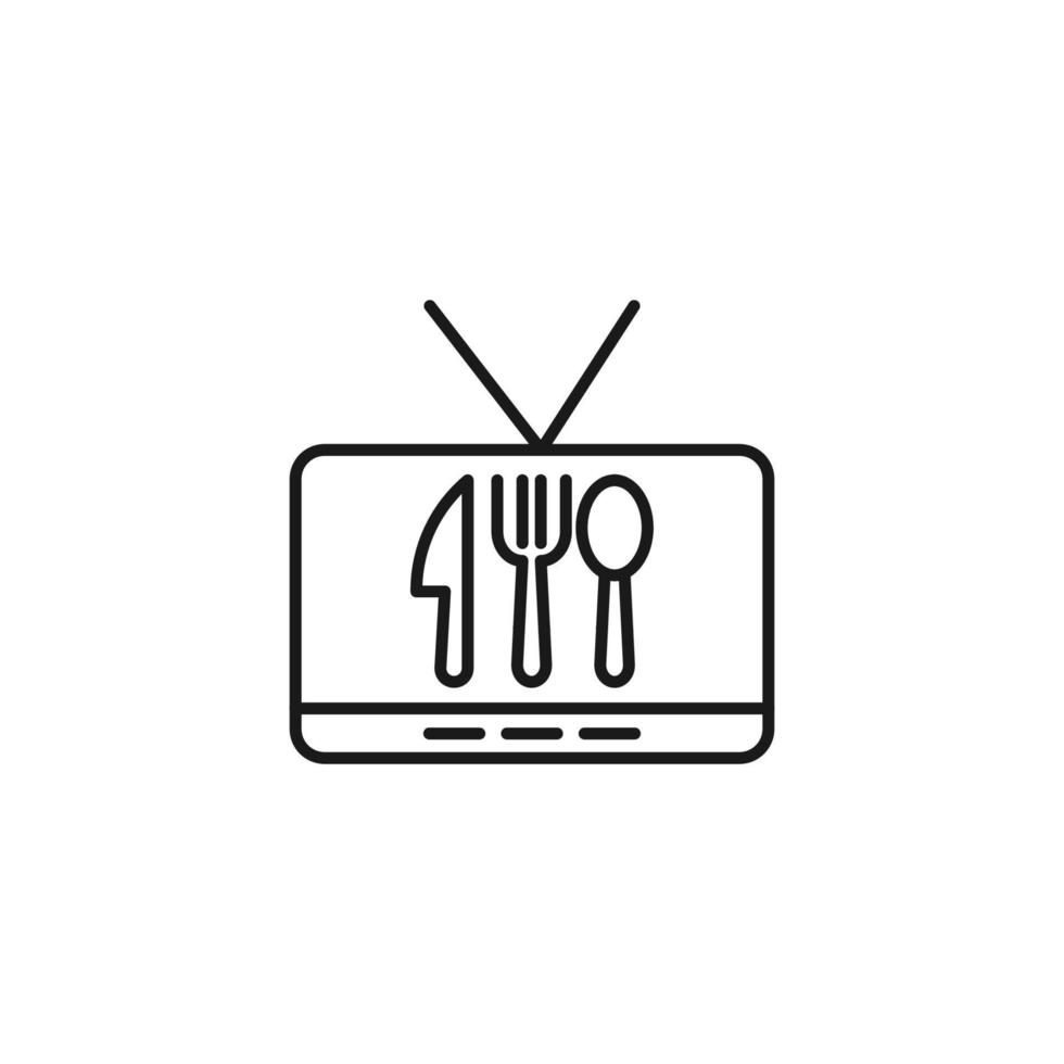 matlagning, mat och kök koncept. samling av moderna konturer monokroma ikoner i platt stil. linjeikon av sked, gaffel och kniv på tv-skärmen som symbol för kulinarisk show eller matlagningsprogram vektor