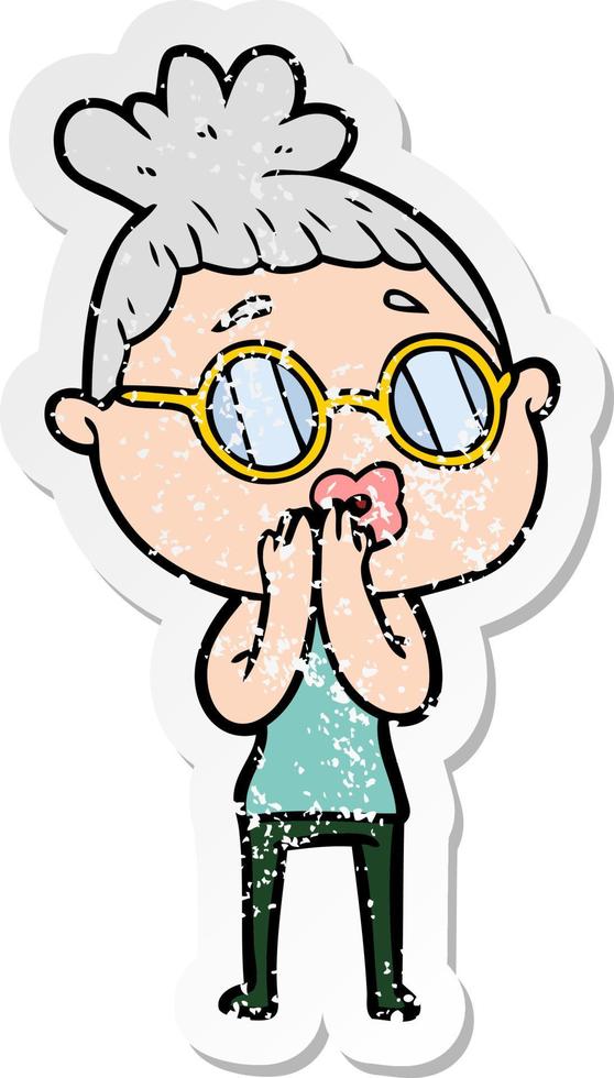 bedrövad klistermärke av en tecknad kvinna som bär glasögon vektor