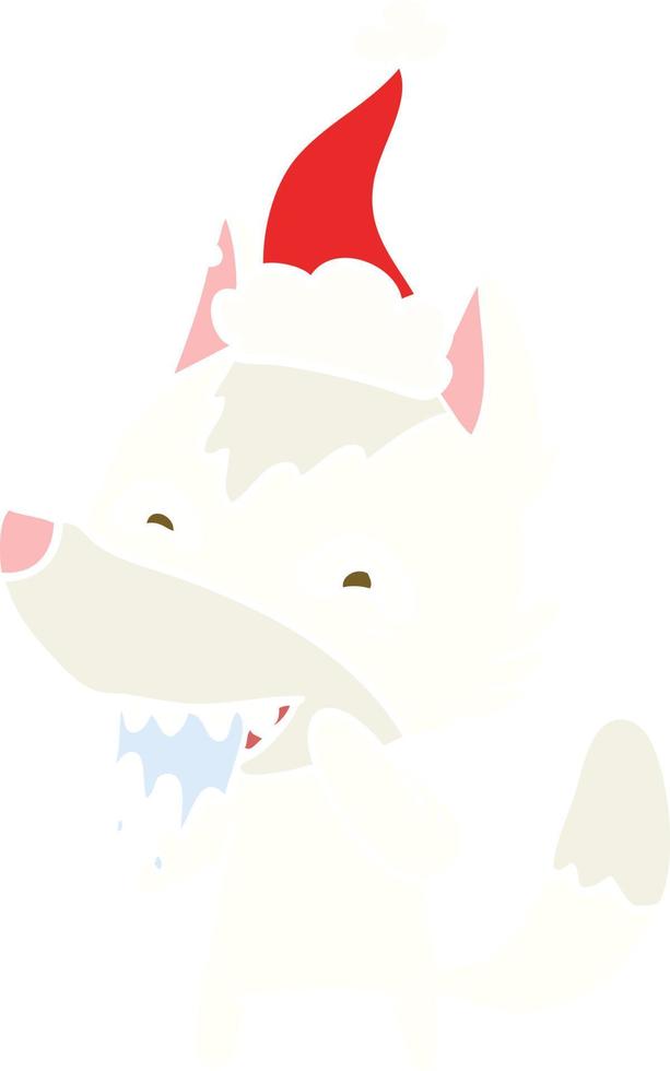 Flache Farbdarstellung eines hungrigen Wolfs mit Weihnachtsmütze vektor