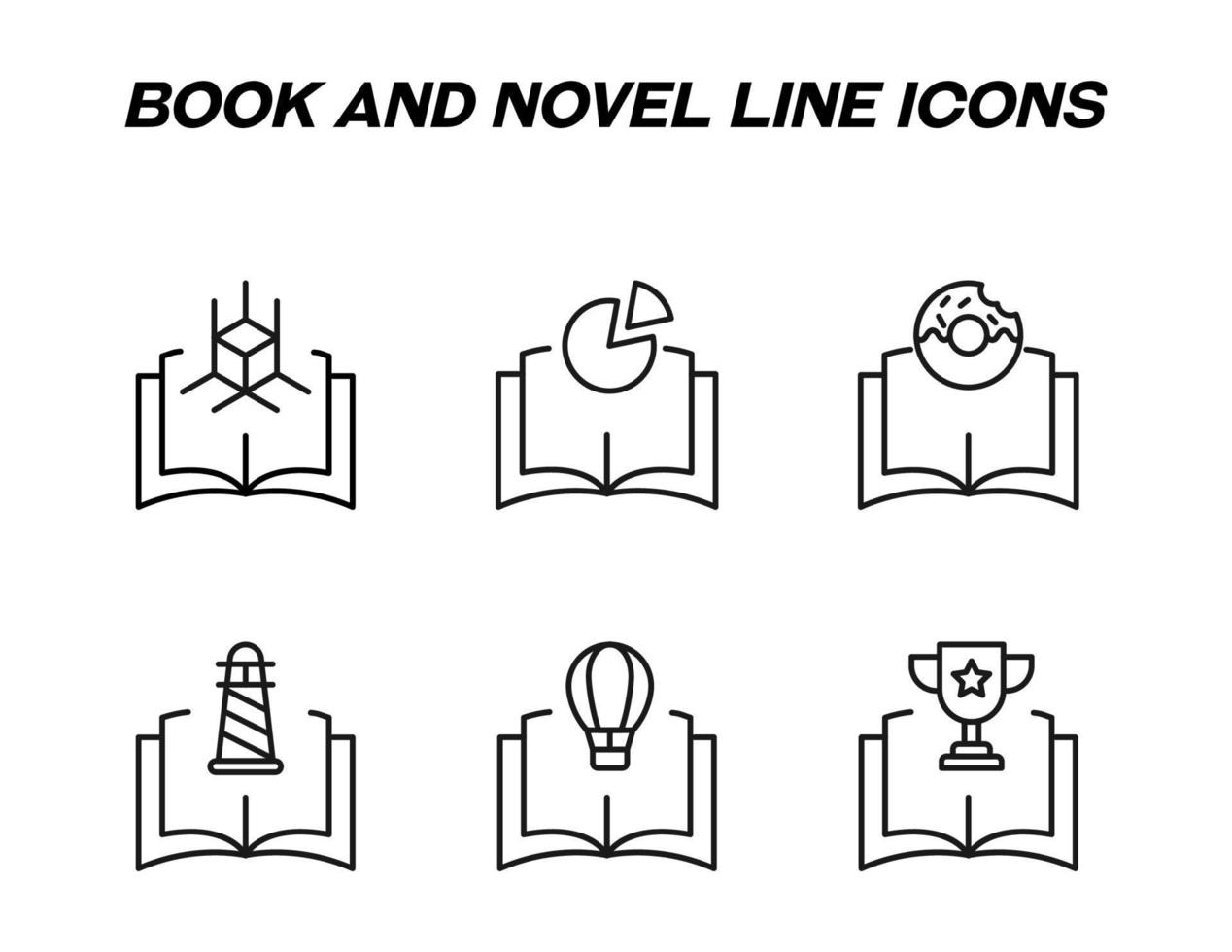 bok, läsning, utbildning och roman koncept. vektor tecken i platt stil. uppsättning linjeikoner av kub, cirkeldiagram, munk, fyr, ballong, vinnarkopp över bok