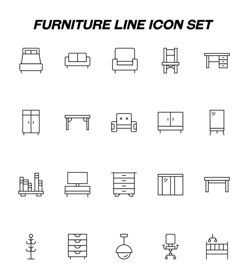 Möbelkonzept. Vektorzeichen im flachen Stil und bearbeitbarer Strich. Liniensymbol mit Symbolen für Bett, Sofa, Sessel, Stuhl, Schreibtisch, Kleiderschrank, Spiegel, Bücherregal, Garderobe, Lampe vektor