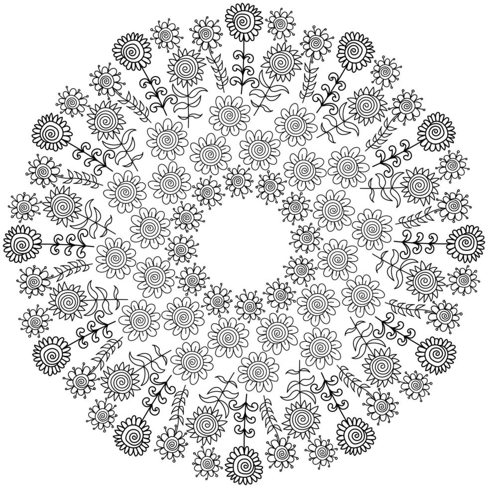 klotterblommor i mandalaform, spiralblommakärnor med frekventa kronblad, anti-stress målarbok vektor