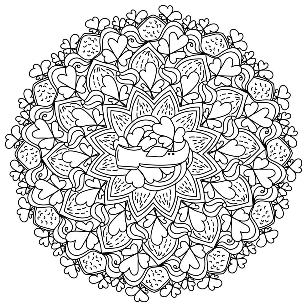 st. patrick's day mandala mit kleeblatt und schuhen in der mitte, seite mit kunstvollen elementen vektor