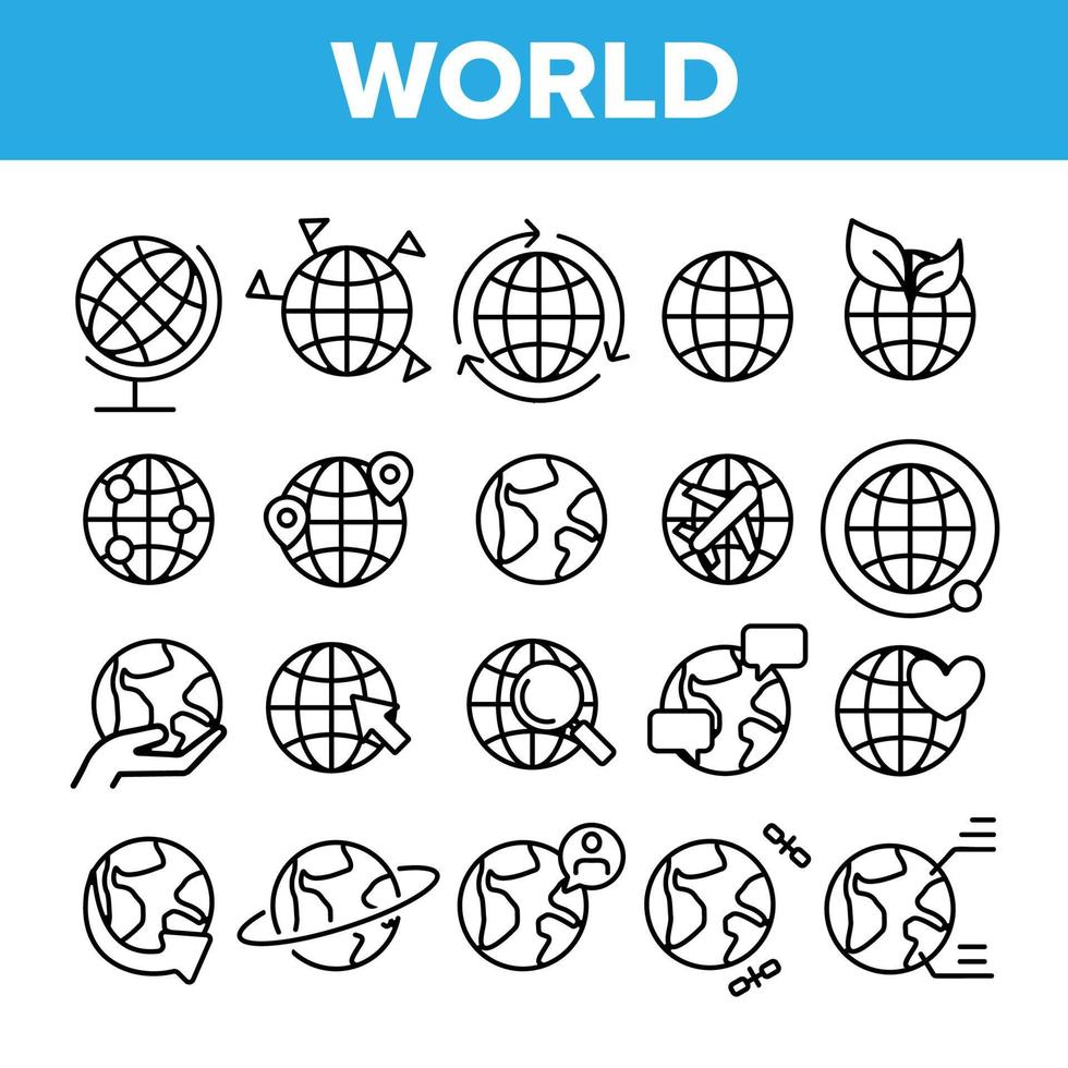 världen, världen, planet jorden vektor linjära ikoner set
