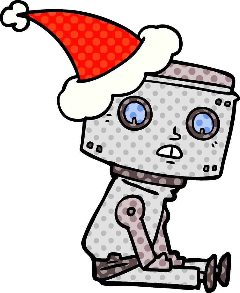 Comic-Stil-Illustration eines Roboters mit Weihnachtsmütze vektor