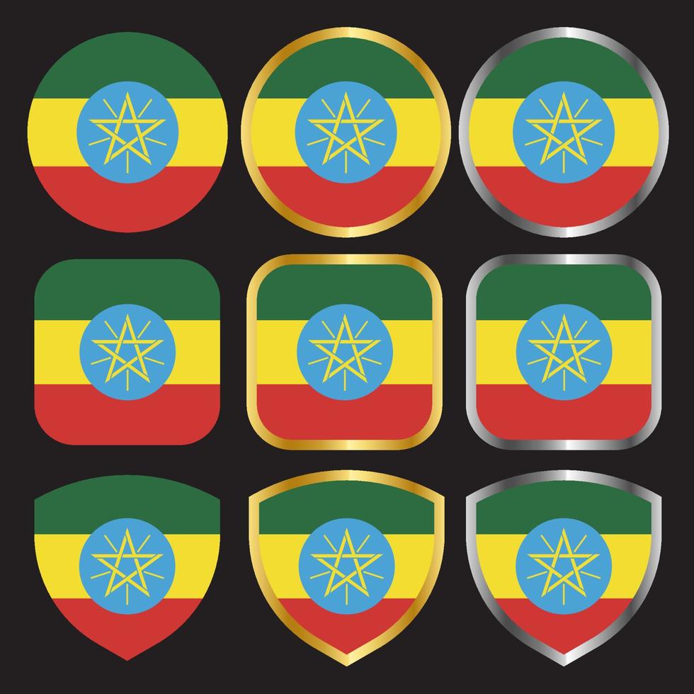 etiopien flagga vektor ikonuppsättning med guld och silver kant