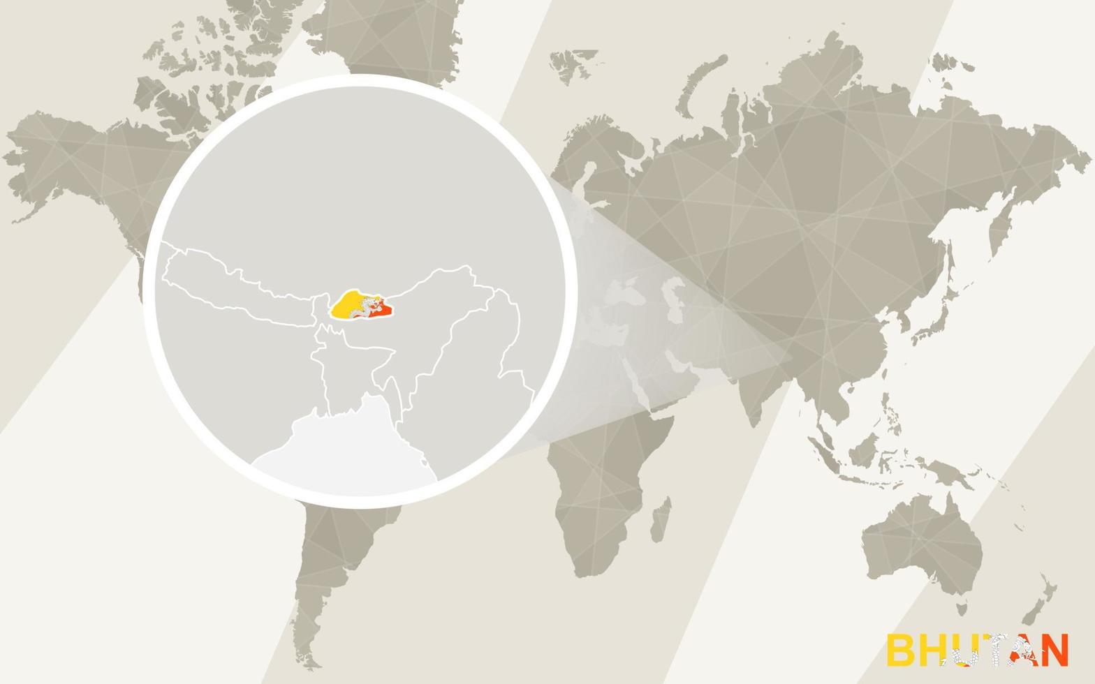 zoom auf bhutan karte und flagge. Weltkarte. vektor