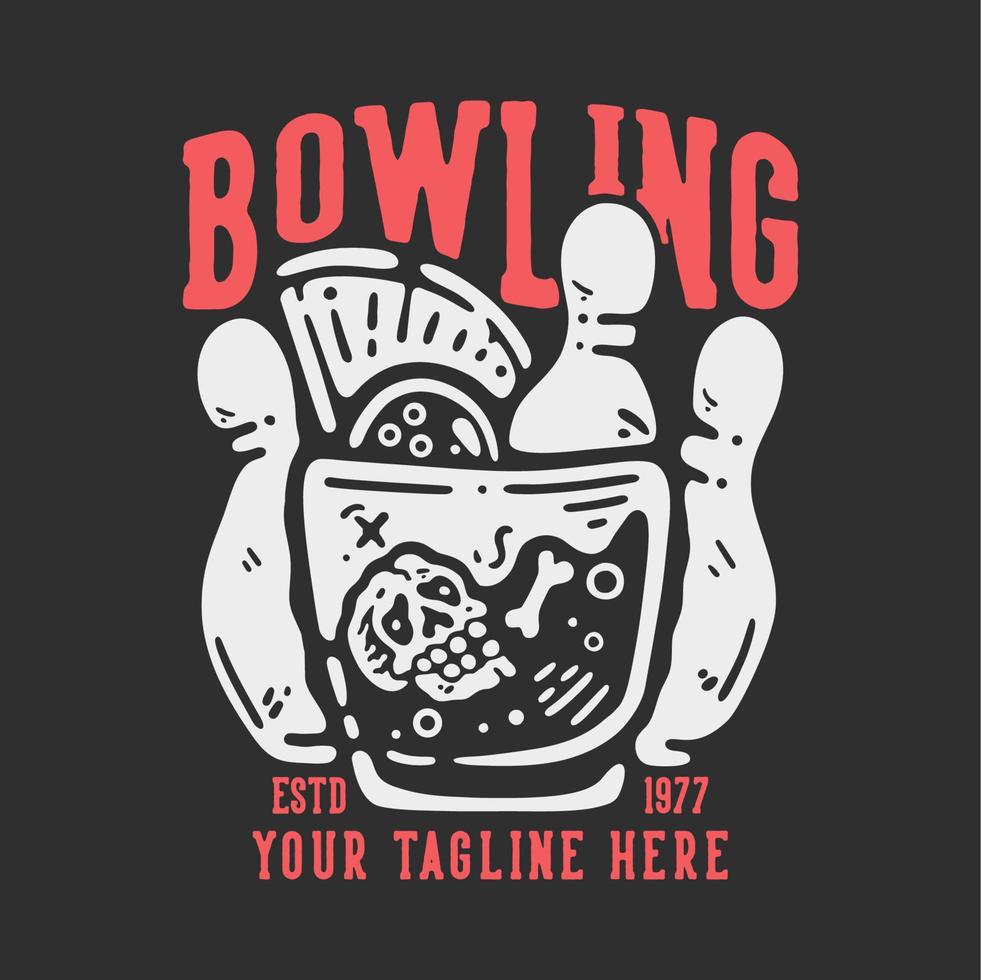 t-shirt design bowling estd 1977 med pin bowling och dödskalle i glaset med grå bakgrund vintage illustration vektor