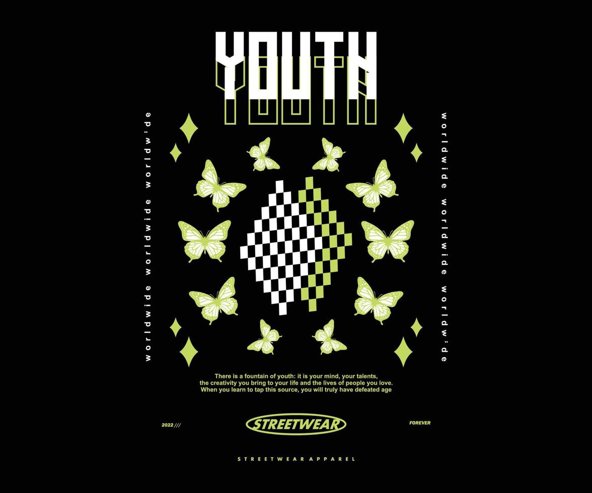 futuristisk illustration för ungdomar av fjärils-t-shirtdesign, vektorgrafik, typografisk affisch eller t-shirts street wear och urban stil vektor