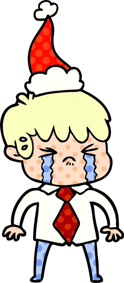serietidning stil illustration av en pojke som gråter bär tomte hatt vektor