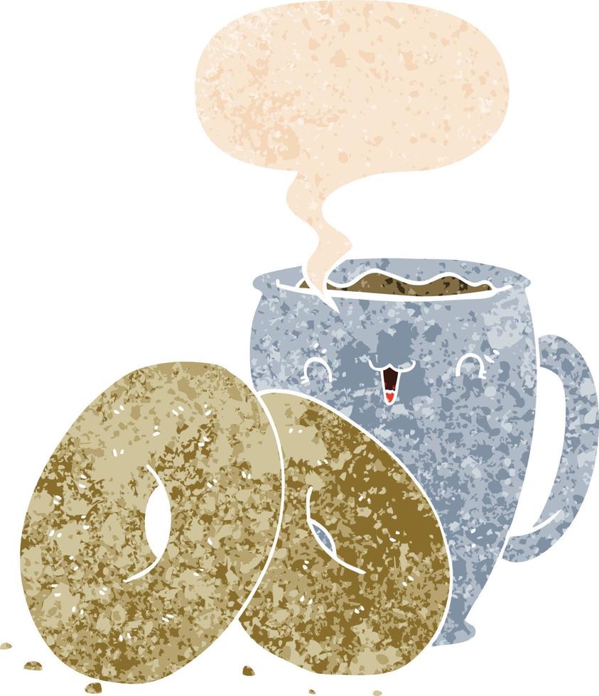 Cartoon-Kaffee und Donuts und Sprechblase im strukturierten Retro-Stil vektor