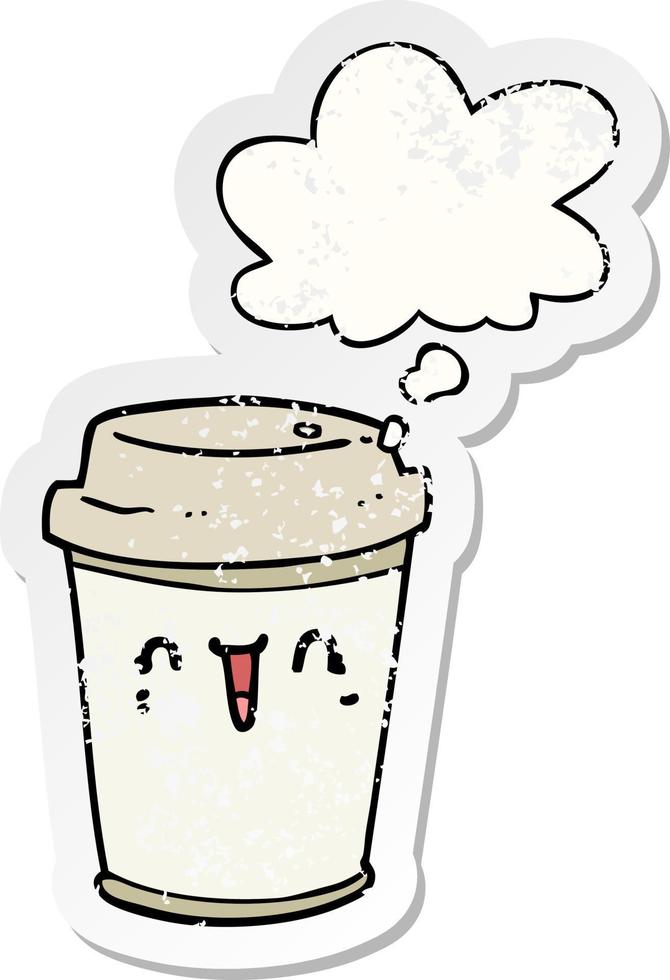 karikatur nimmt kaffee heraus und denkt blase als beunruhigter abgenutzter aufkleber vektor