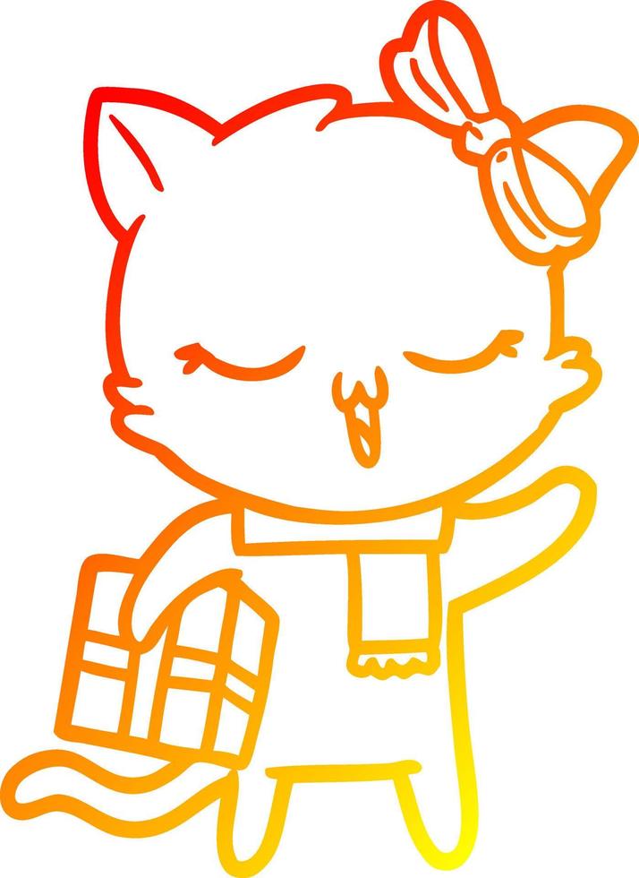 varm gradient linjeteckning tecknad flicka katt med julklapp vektor