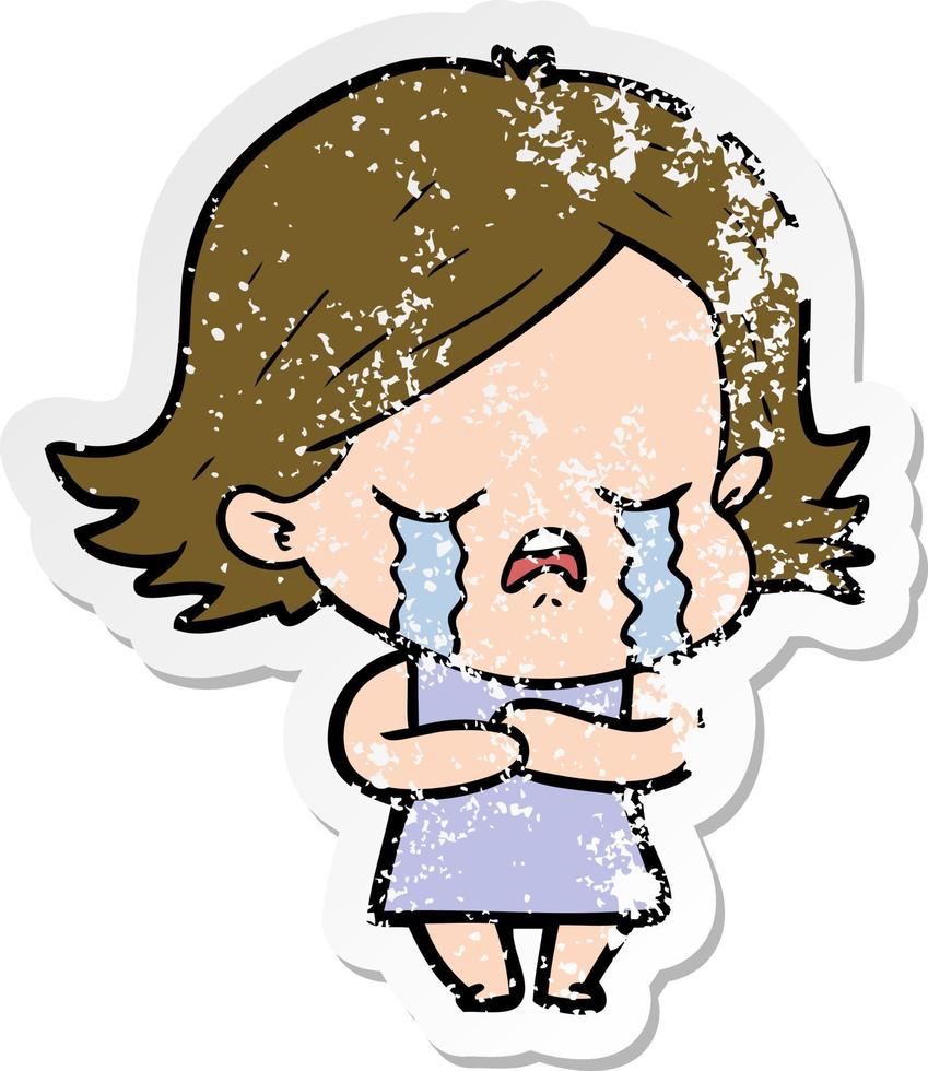 bedrövad klistermärke av en tecknad flicka som gråter vektor