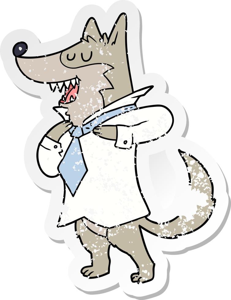 beunruhigter Aufkleber eines Cartoon-Bürowolfs, der sich anzieht vektor