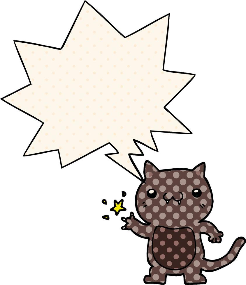 Cartoon-Katze kratzt und Sprechblase im Comic-Stil vektor