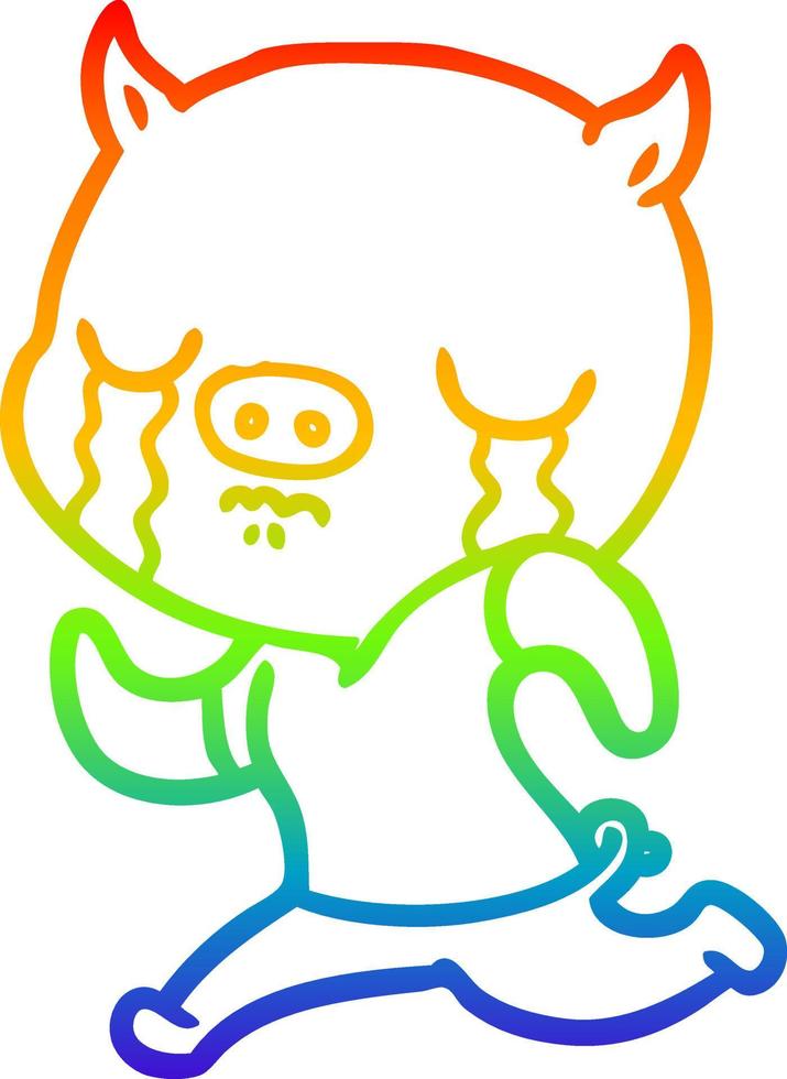 Regenbogen-Gradientenlinie Zeichnung Cartoon-Schwein weint weglaufen vektor