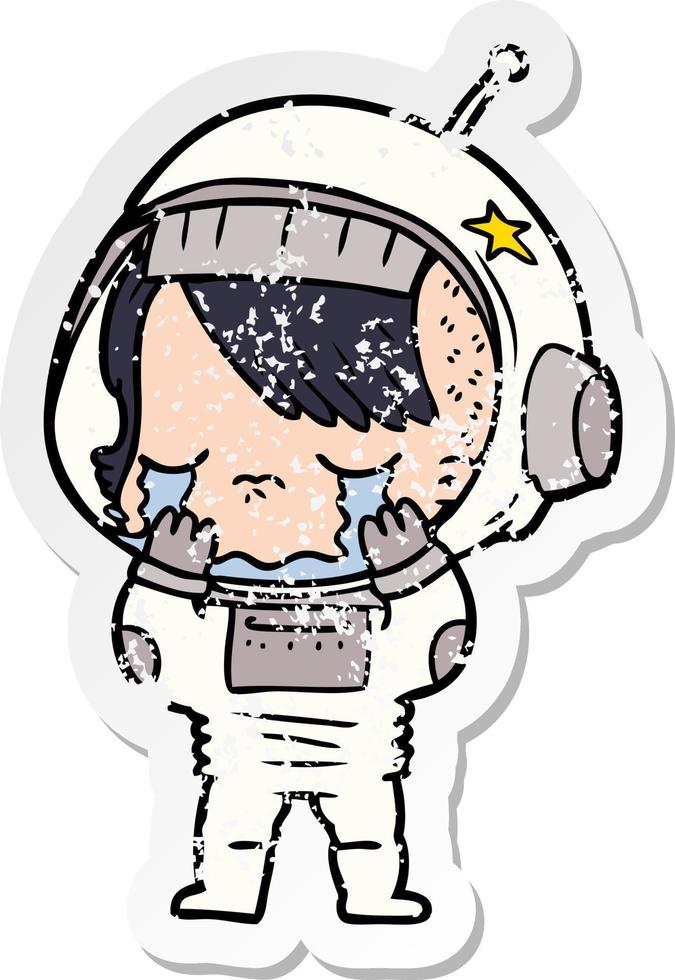 beunruhigter Aufkleber eines Cartoon-weinenden Astronautenmädchens vektor