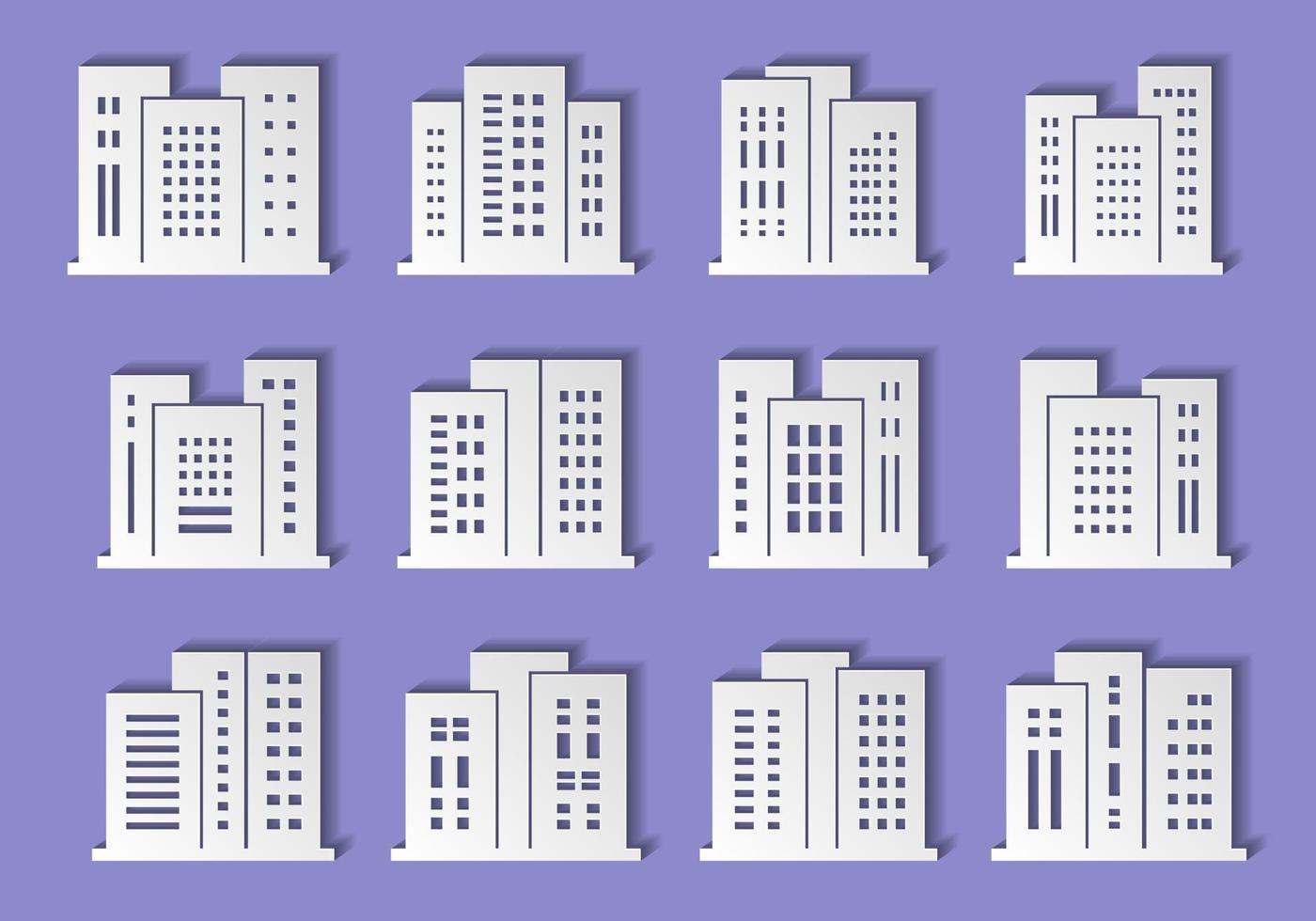 Gebäude-Scherenschnitt-Sammlung auf violettem Hintergrund, Architektur modernes Origami-Design vektor