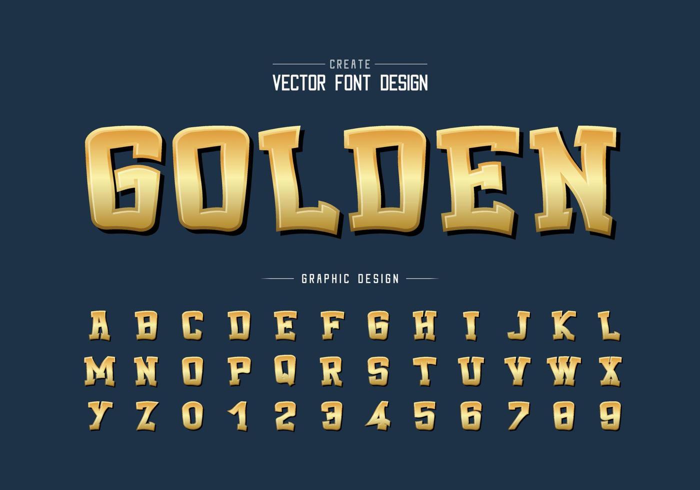 Goldschrift und Cartoon-Alphabet-Vektor, goldenes Schriftbild und Zahlendesign, grafischer Text im Hintergrund vektor