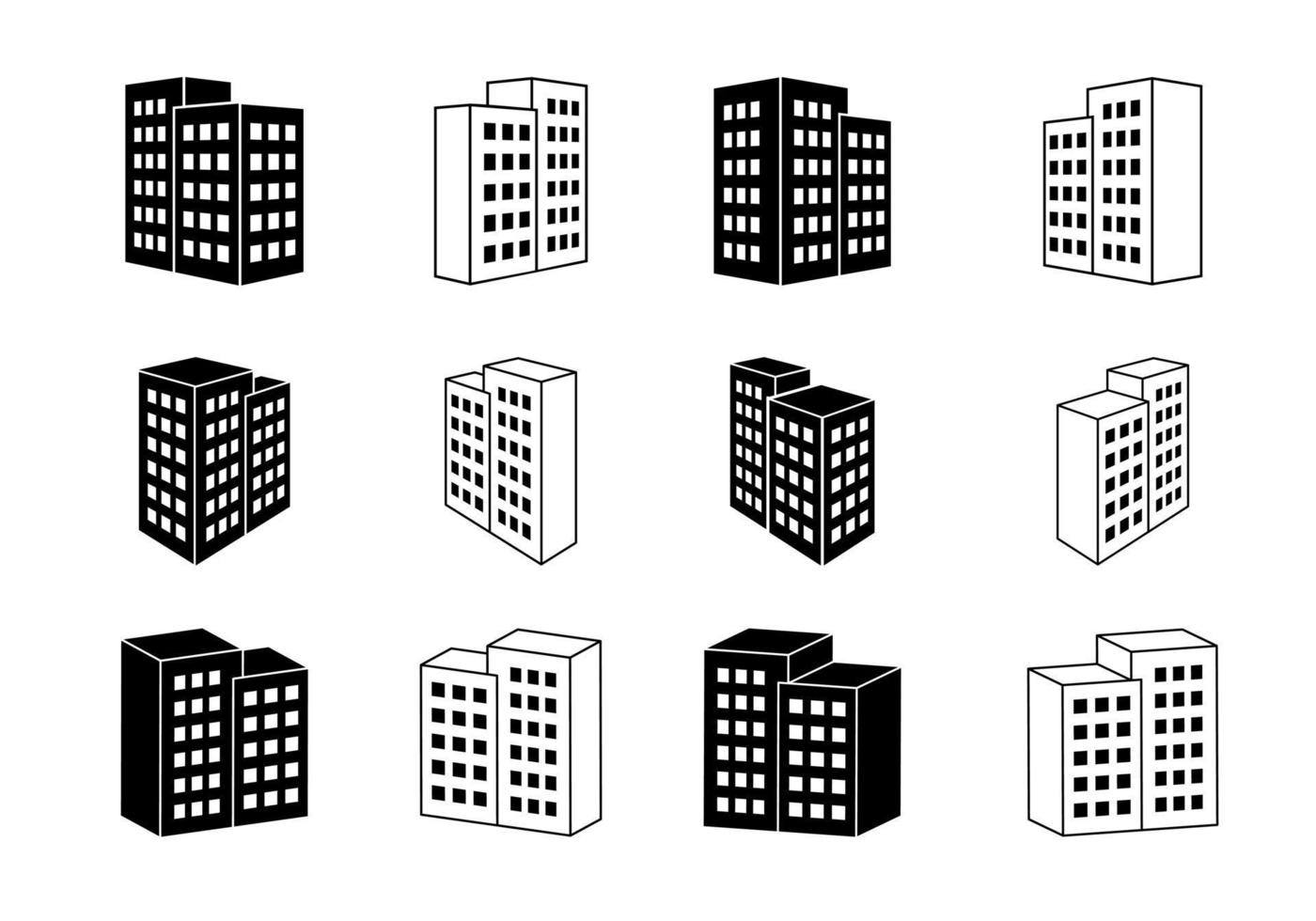 ikoner byggnad och företag vektor set, perspektiv bank och kontor samling