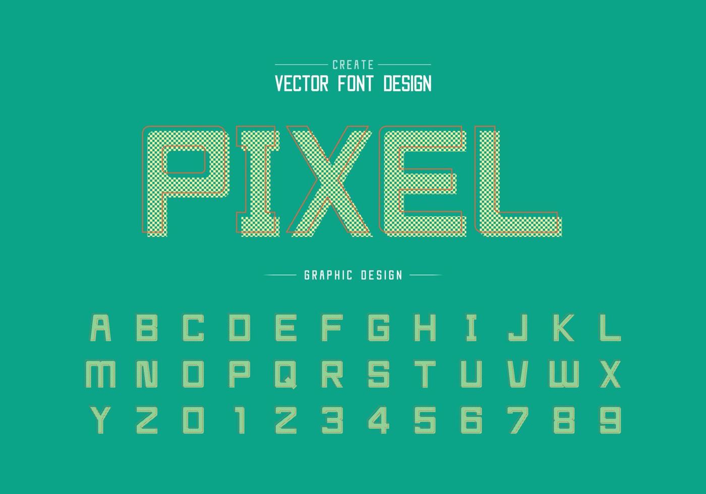 Pixelschriftart und Alphabetvektor, quadratisches Buchstaben- und Zahlendesign, grafischer Text im Hintergrund vektor