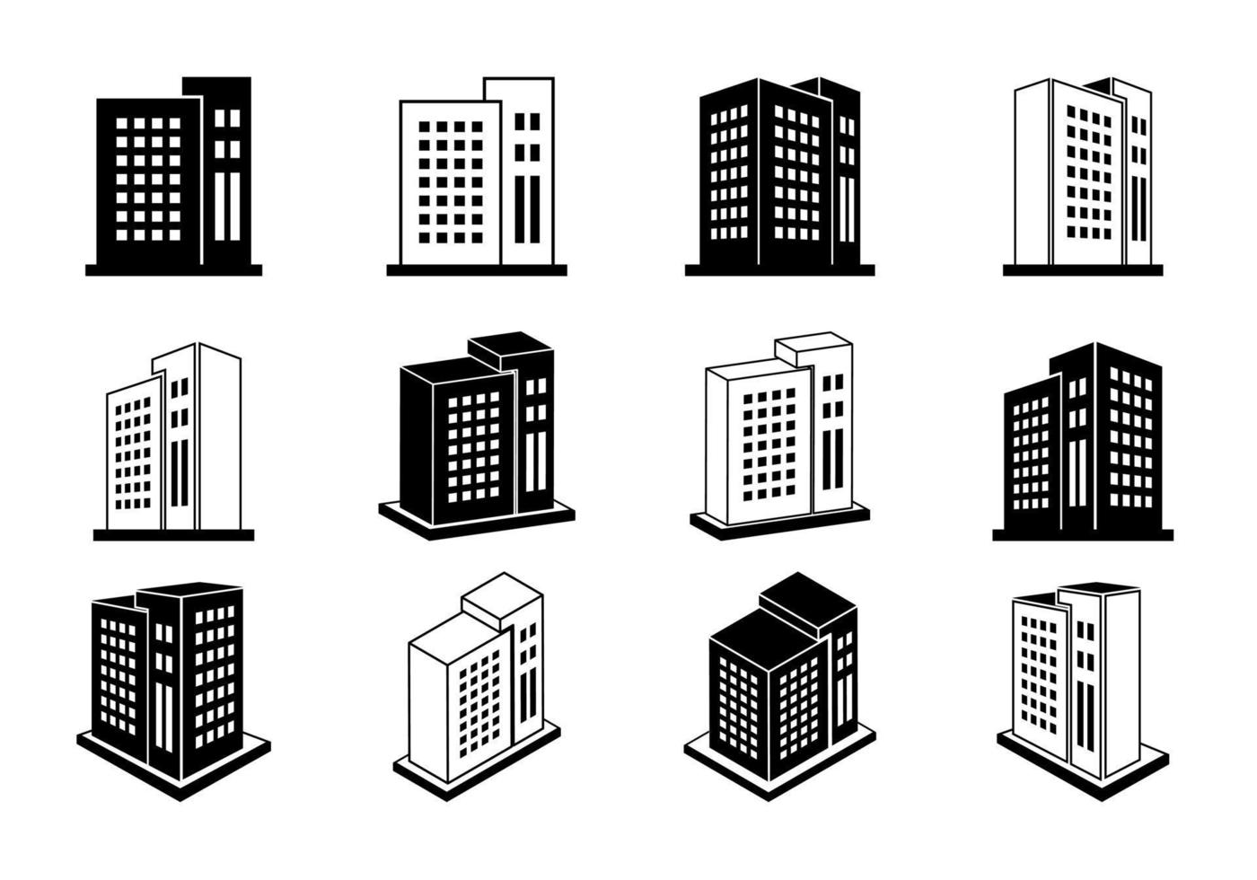 ikoner företag inställd på vit bakgrund, 3d-byggnader vektor samling